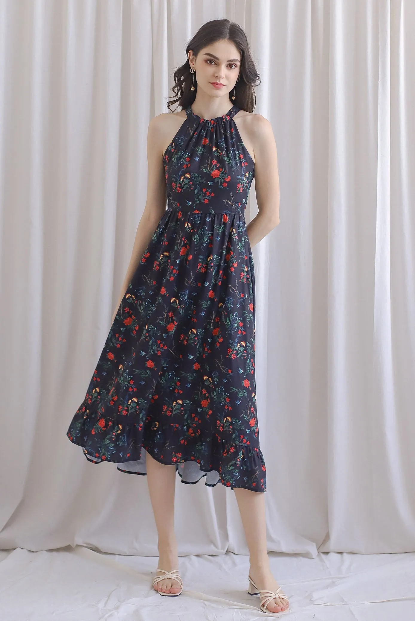 Marysa Halter Fishtail Dress In Black Floral