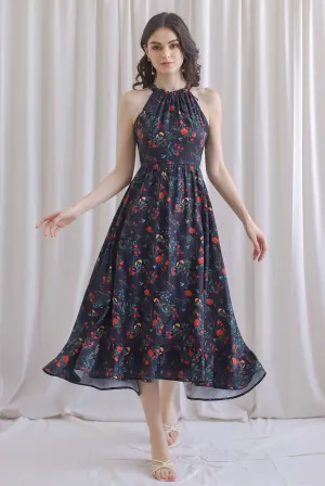 Marysa Halter Fishtail Dress In Black Floral
