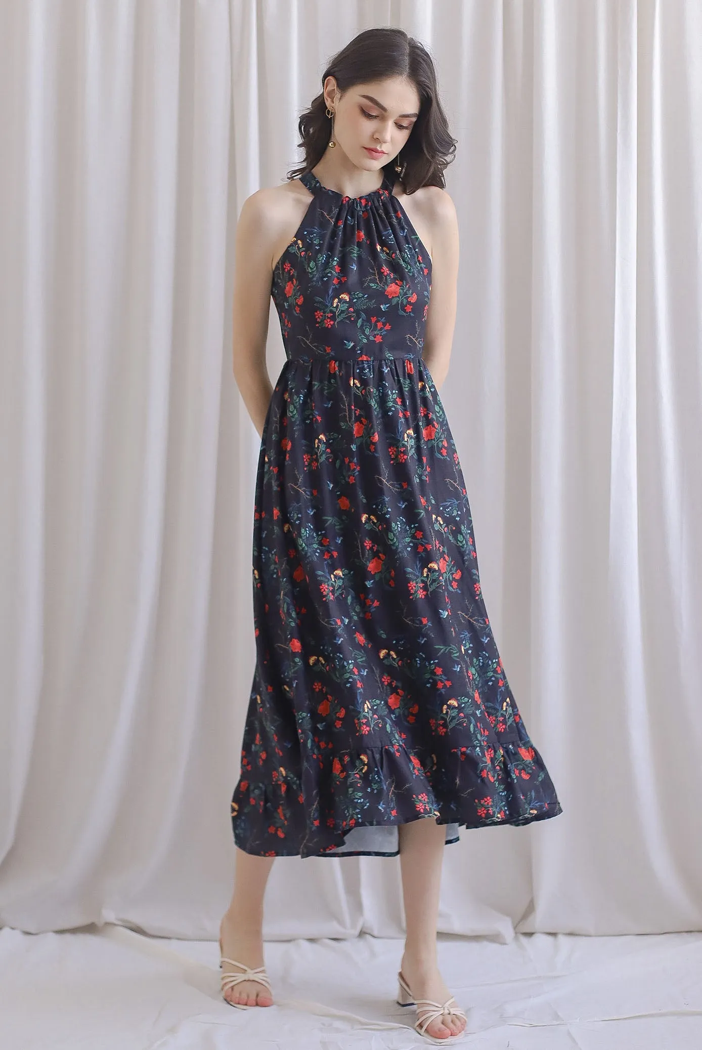 Marysa Halter Fishtail Dress In Black Floral