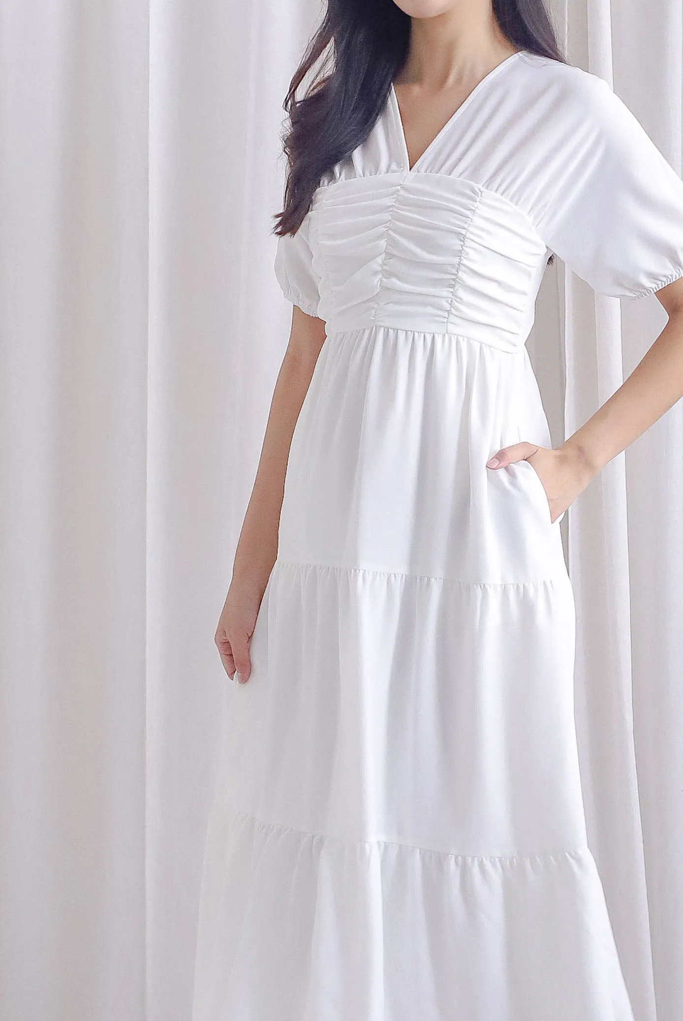 Maybelle Puffy Sleeve Ruched Maxi Dress In White