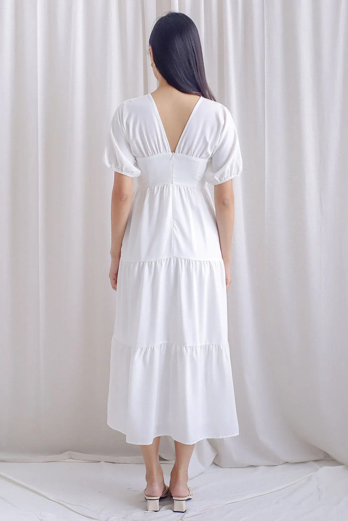 Maybelle Puffy Sleeve Ruched Maxi Dress In White