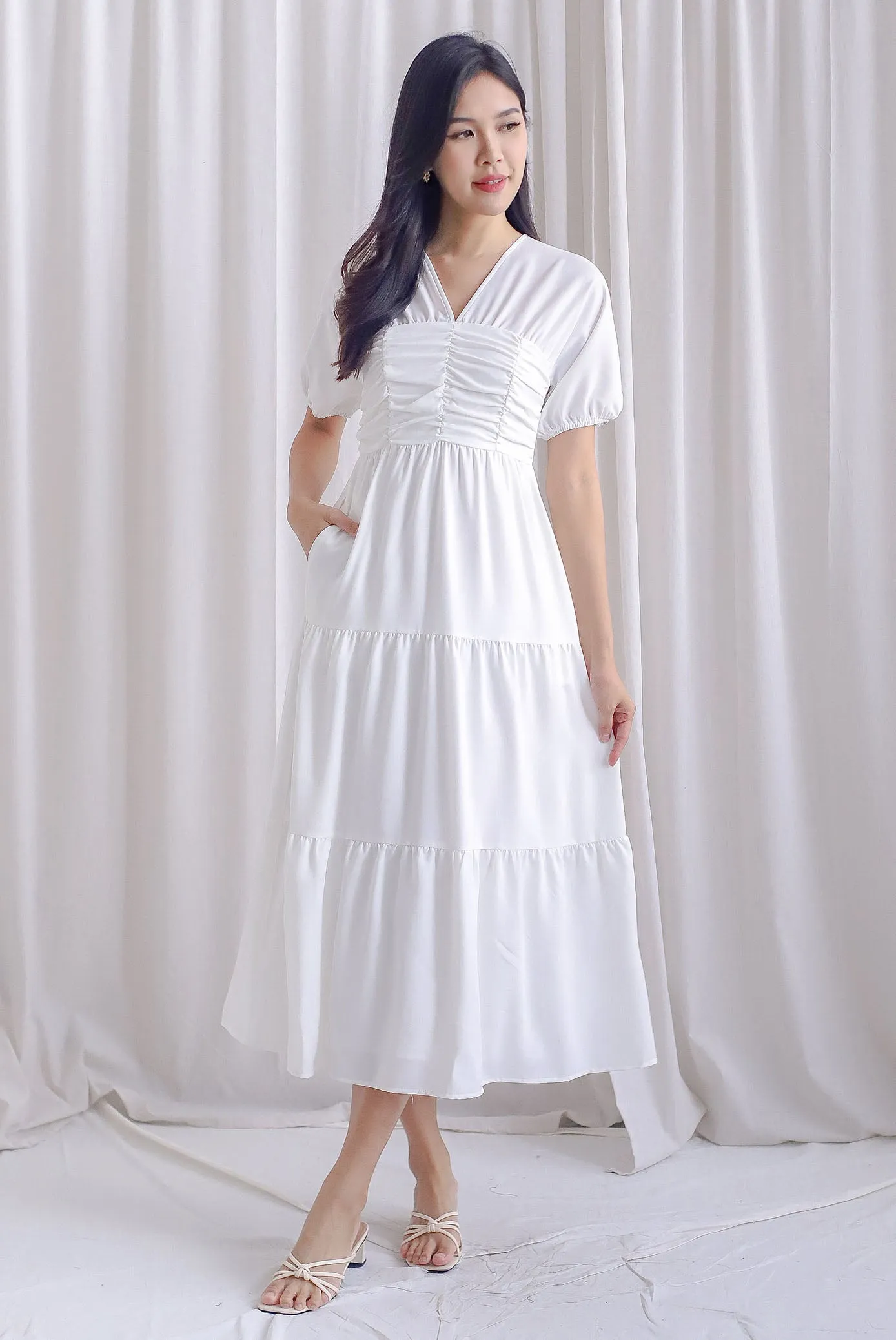 Maybelle Puffy Sleeve Ruched Maxi Dress In White