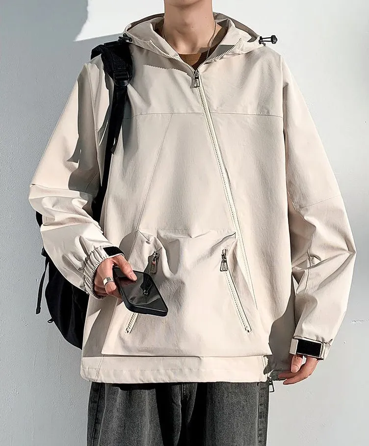 Men's Relaxed-Fit Cargo Rain Coat with Drawstring Hem and Hood