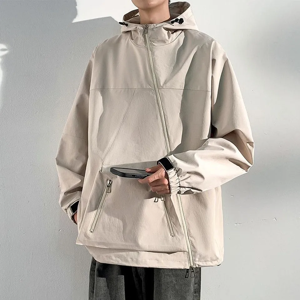 Men's Relaxed-Fit Cargo Rain Coat with Drawstring Hem and Hood
