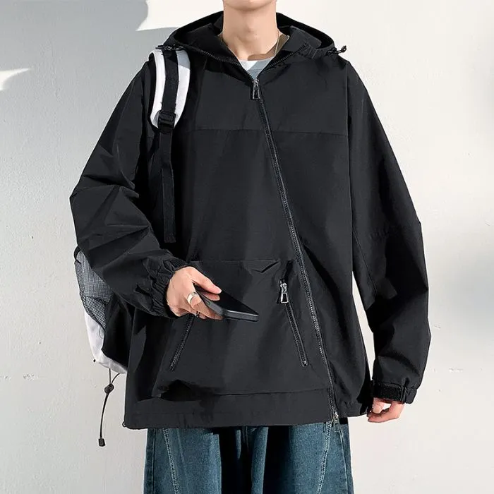 Men's Relaxed-Fit Cargo Rain Coat with Drawstring Hem and Hood