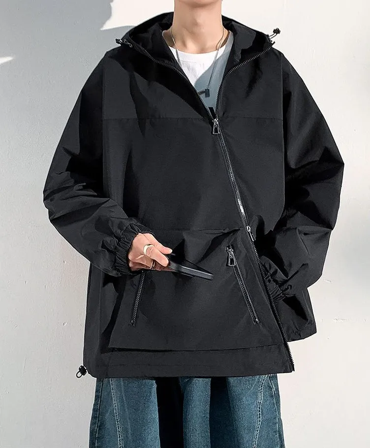 Men's Relaxed-Fit Cargo Rain Coat with Drawstring Hem and Hood