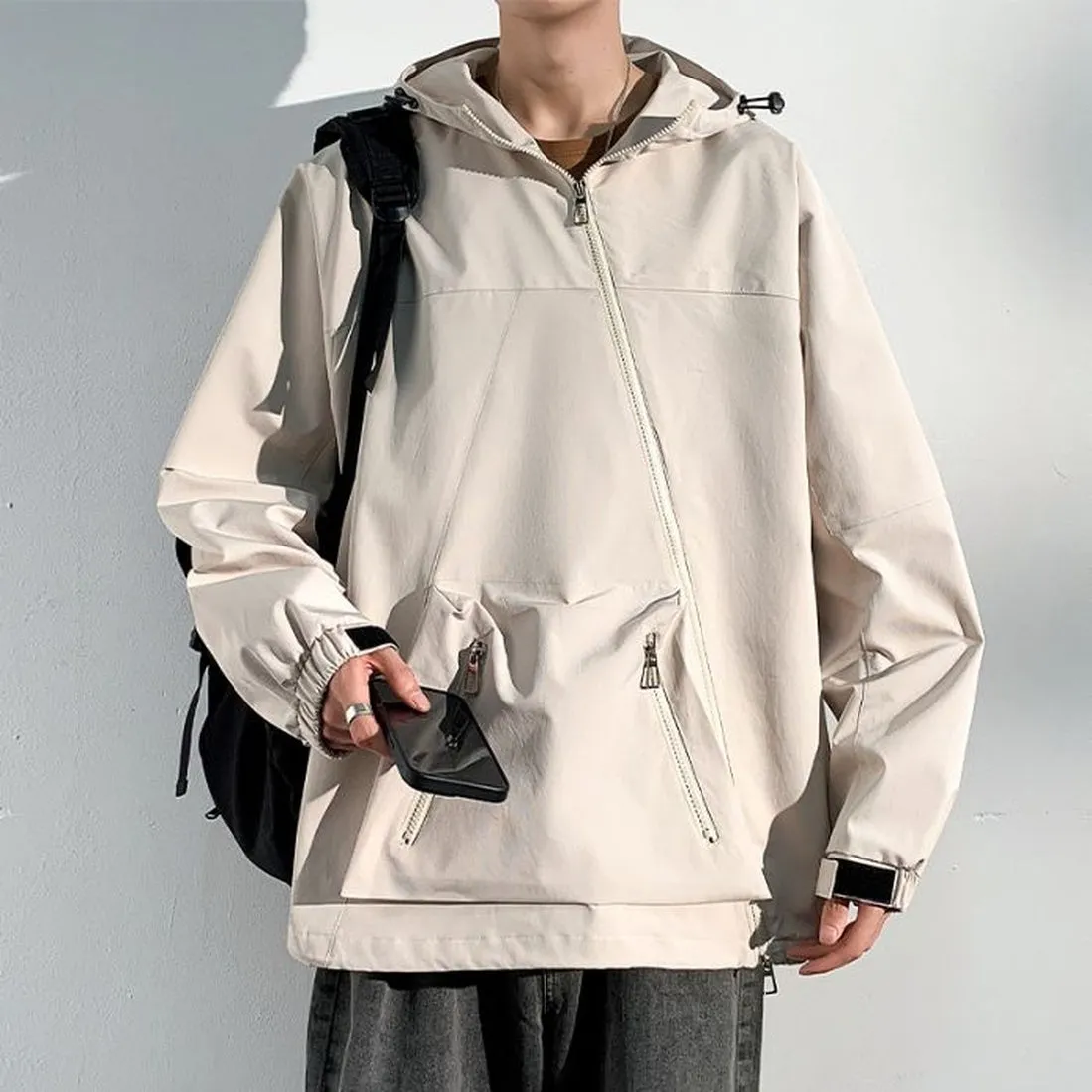 Men's Relaxed-Fit Cargo Rain Coat with Drawstring Hem and Hood