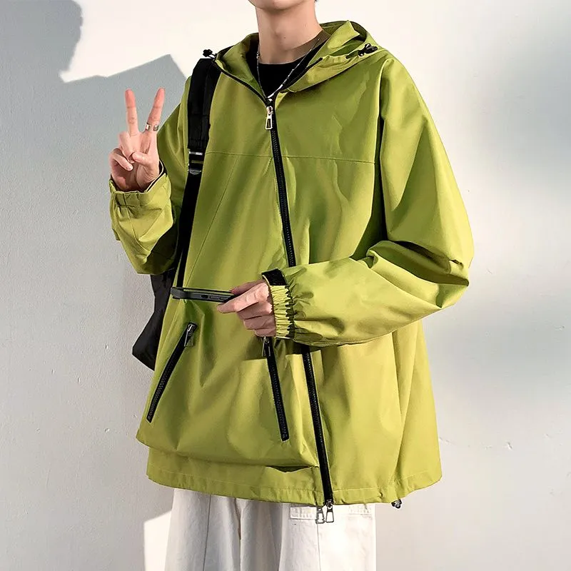 Men's Relaxed-Fit Cargo Rain Coat with Drawstring Hem and Hood