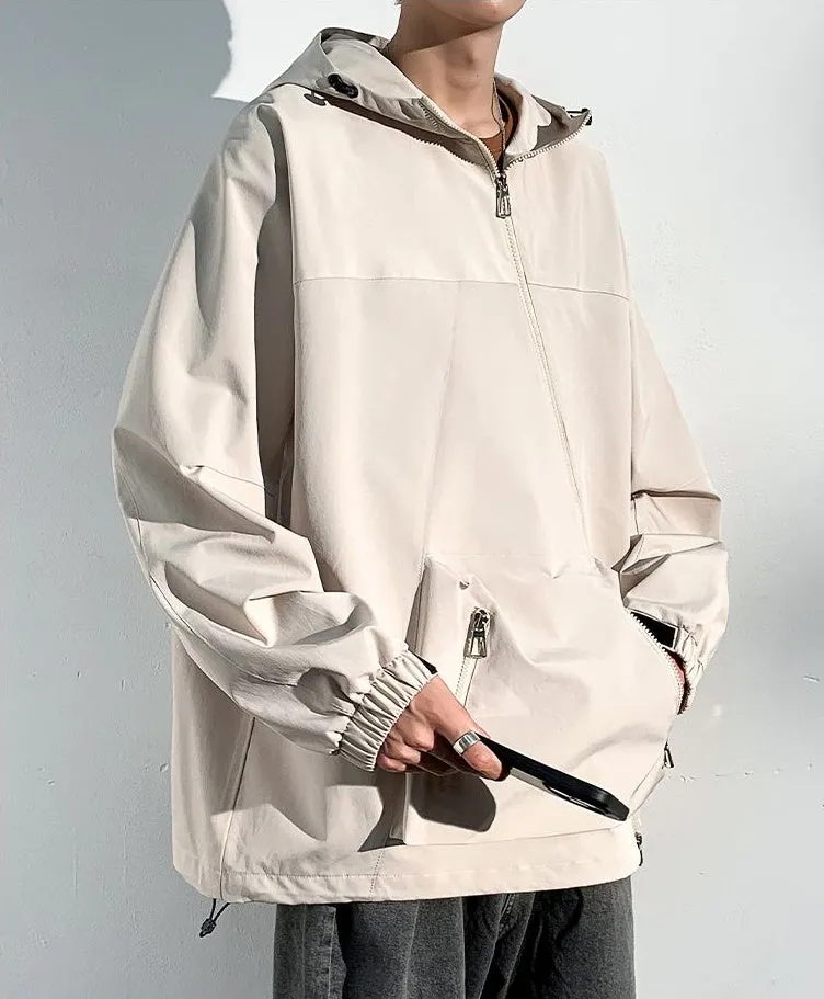 Men's Relaxed-Fit Cargo Rain Coat with Drawstring Hem and Hood