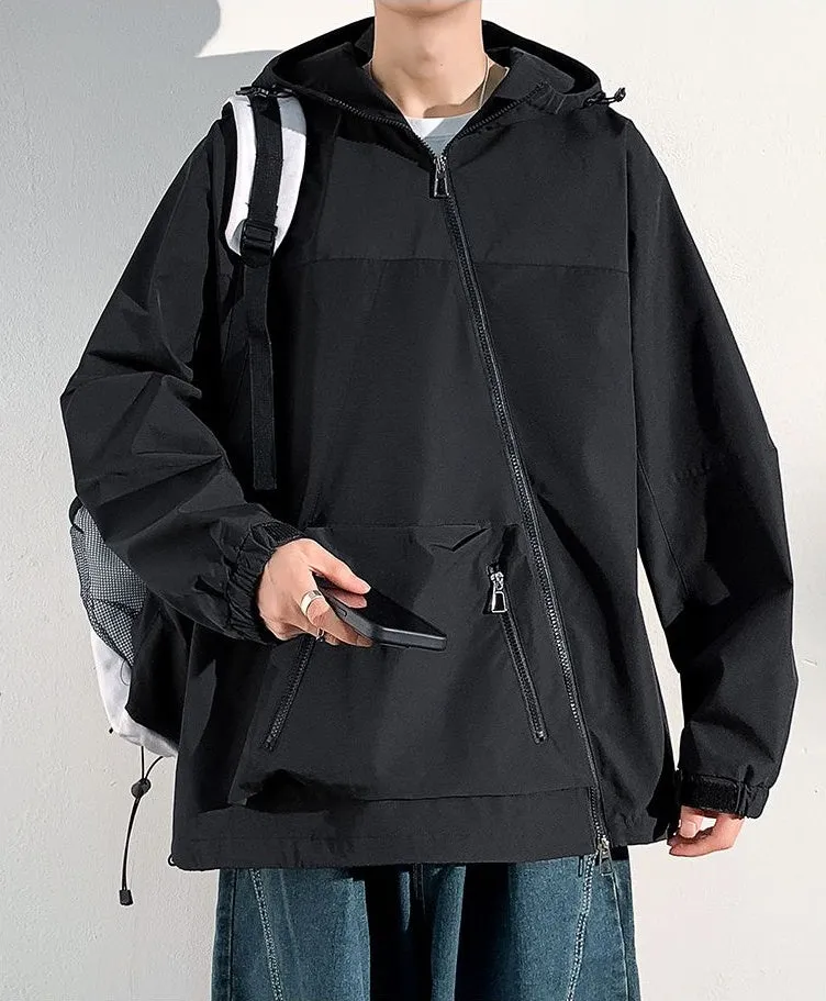 Men's Relaxed-Fit Cargo Rain Coat with Drawstring Hem and Hood