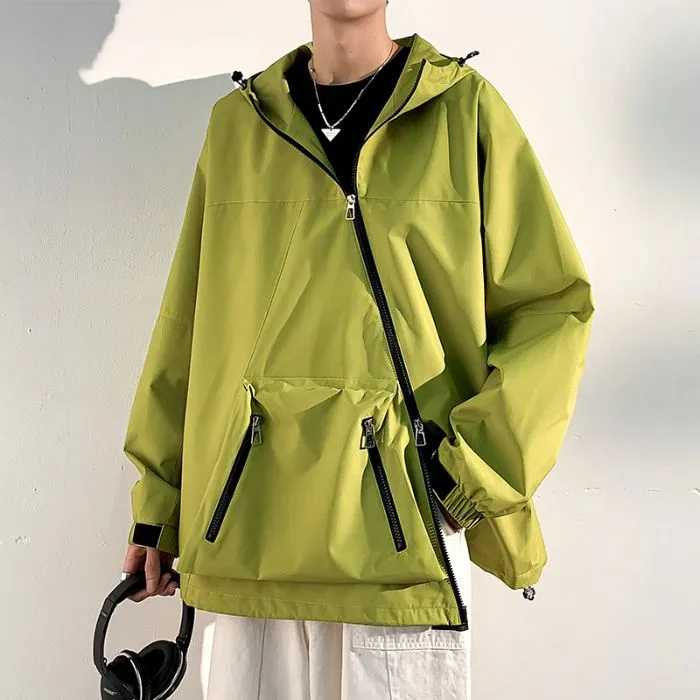Men's Relaxed-Fit Cargo Rain Coat with Drawstring Hem and Hood