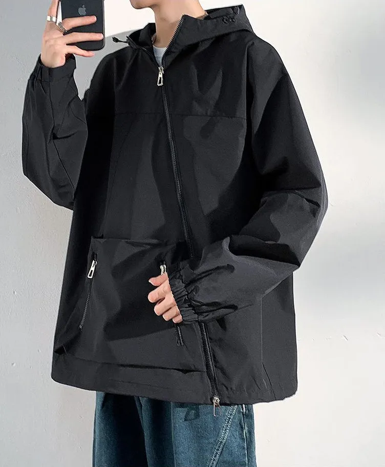 Men's Relaxed-Fit Cargo Rain Coat with Drawstring Hem and Hood