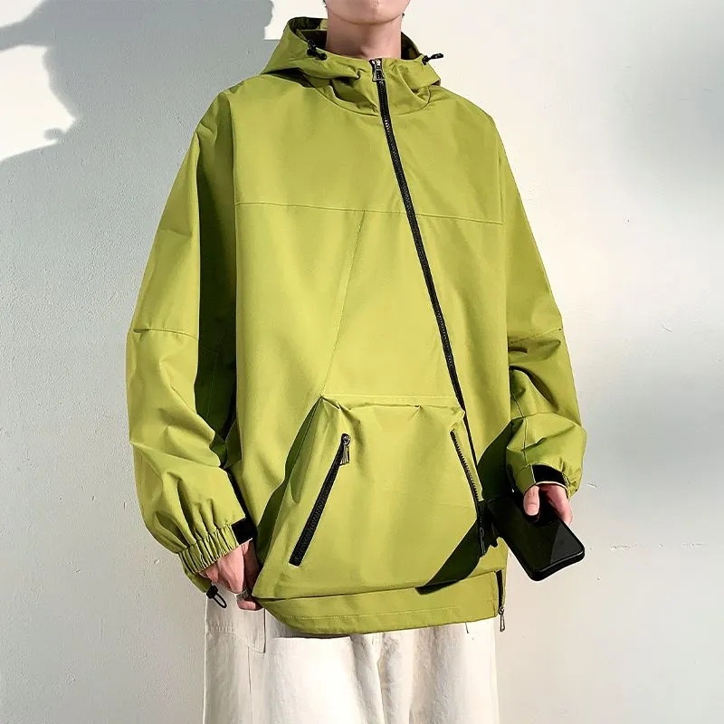 Men's Relaxed-Fit Cargo Rain Coat with Drawstring Hem and Hood