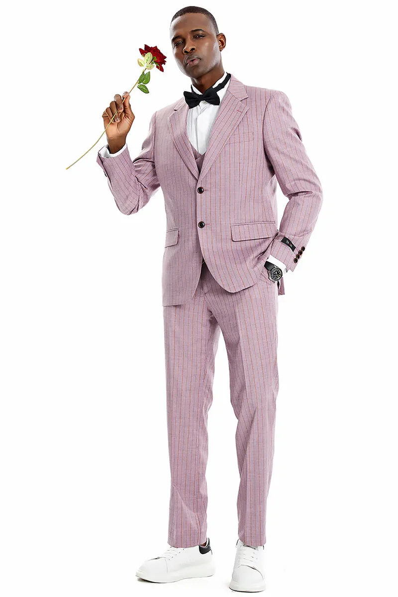 Men's Two Button Vested Wide Notch Lapel Vintage Style Pinstripe Suit in Dusty Rose Pink