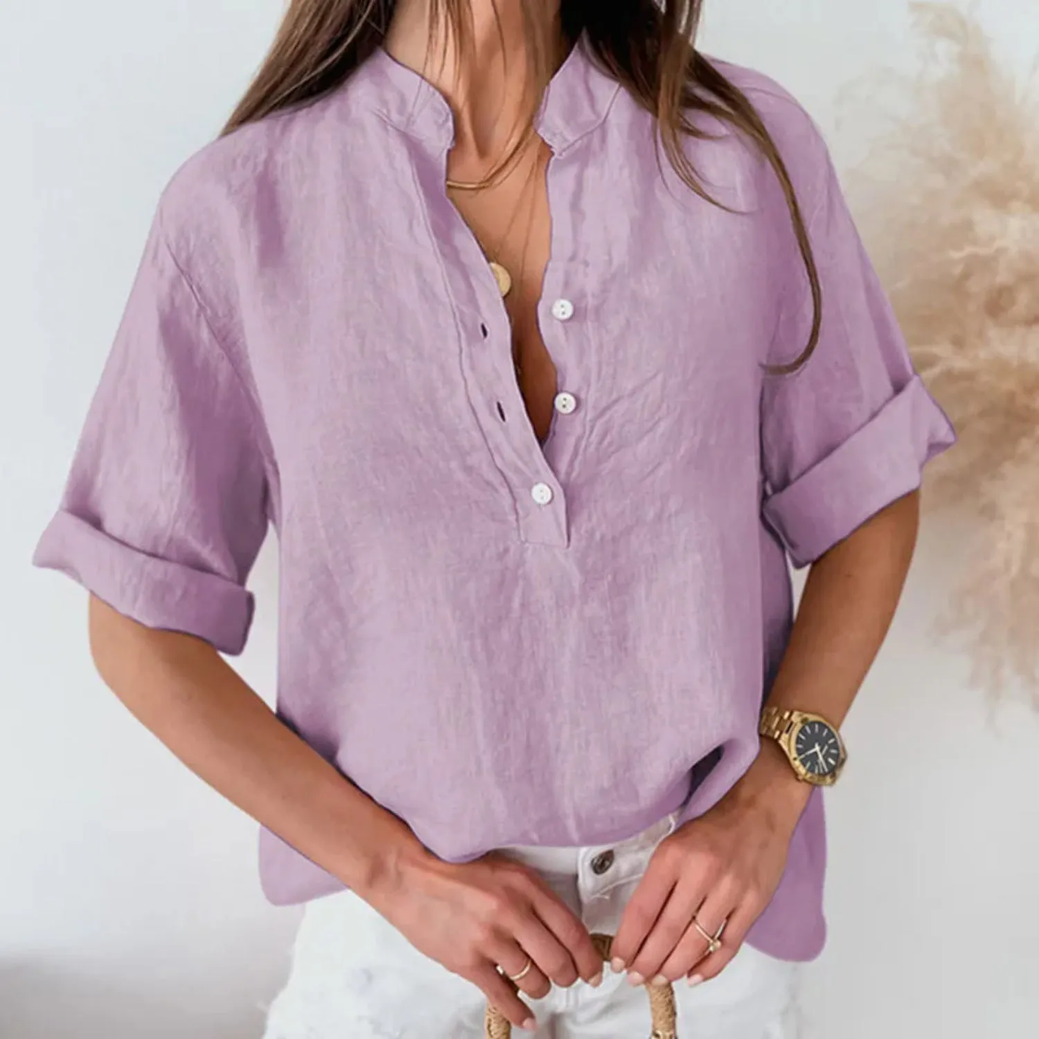 MiaMilana - Linen blouse with turtle neckline