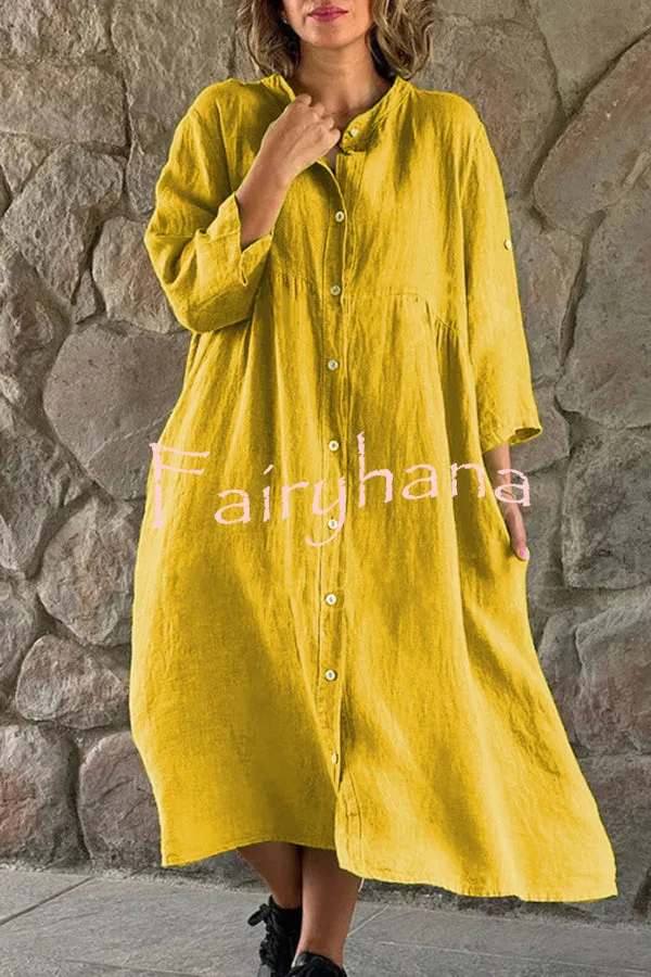 Mindful Cotton Blend Solid Color Button Casual Midi Dress
