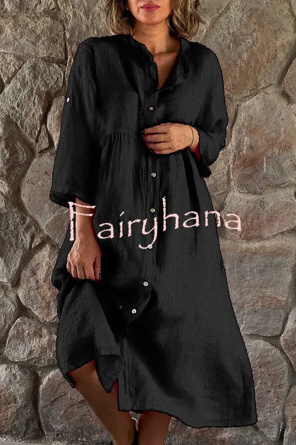 Mindful Cotton Blend Solid Color Button Casual Midi Dress