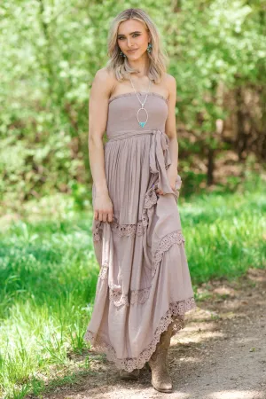 Mocha Smocked Bodice Strapless Maxi Dress