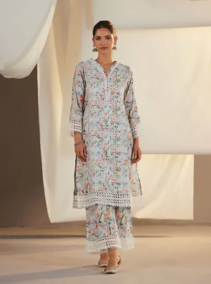 Mulmul Cotton Stassie Blue Kurta With Stassie Blue Pant