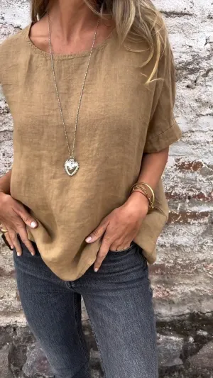 Naila - Half-sleeved cotton linen blouse with round neckline, solid color