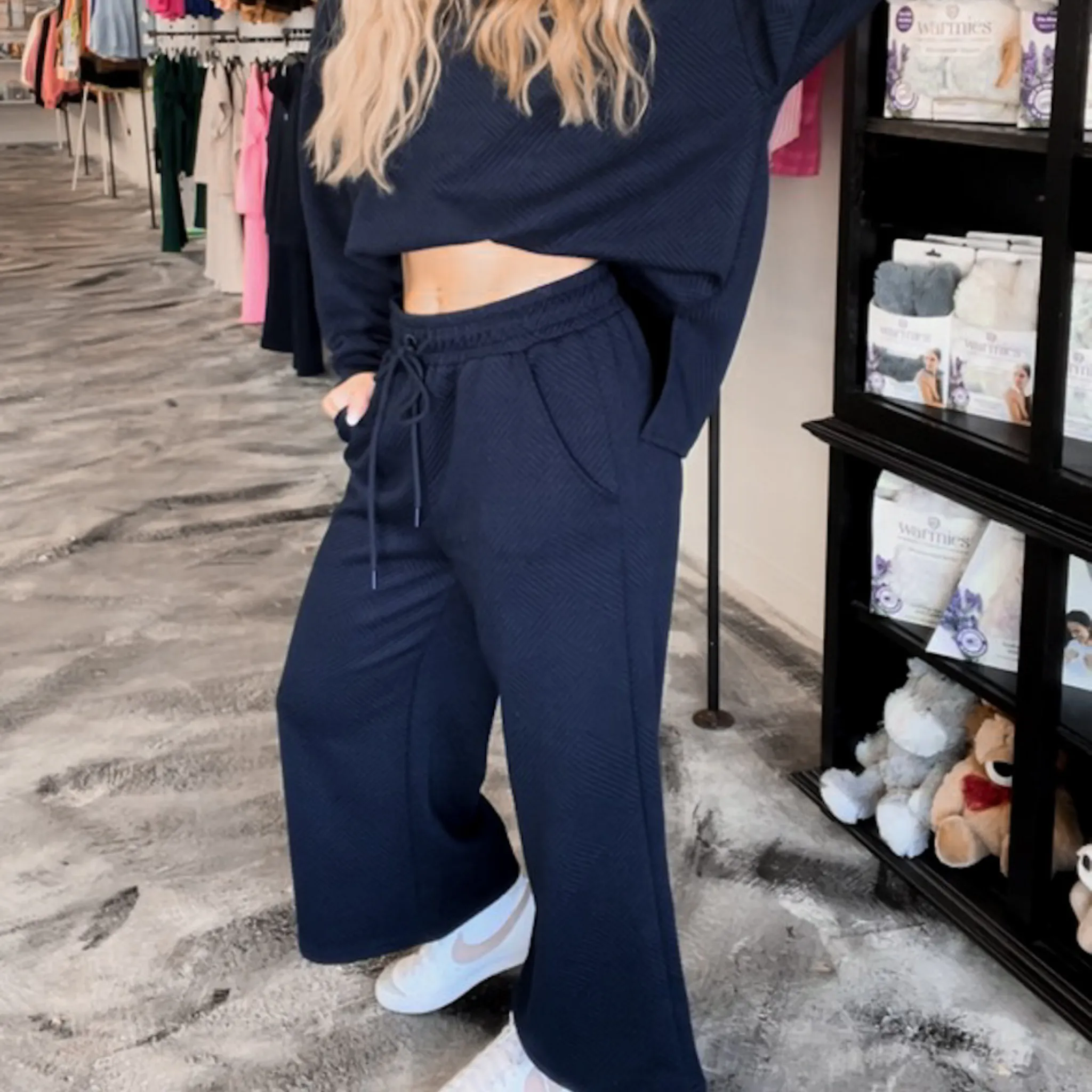 Navy Textured Pants, Matching Set for Women