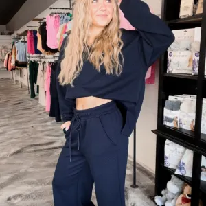Navy Textured Pants, Matching Set for Women