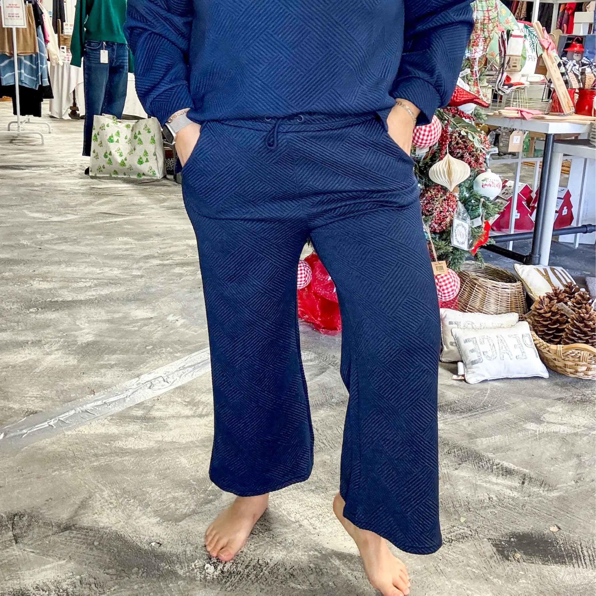 Navy Textured Pants, Matching Set for Women