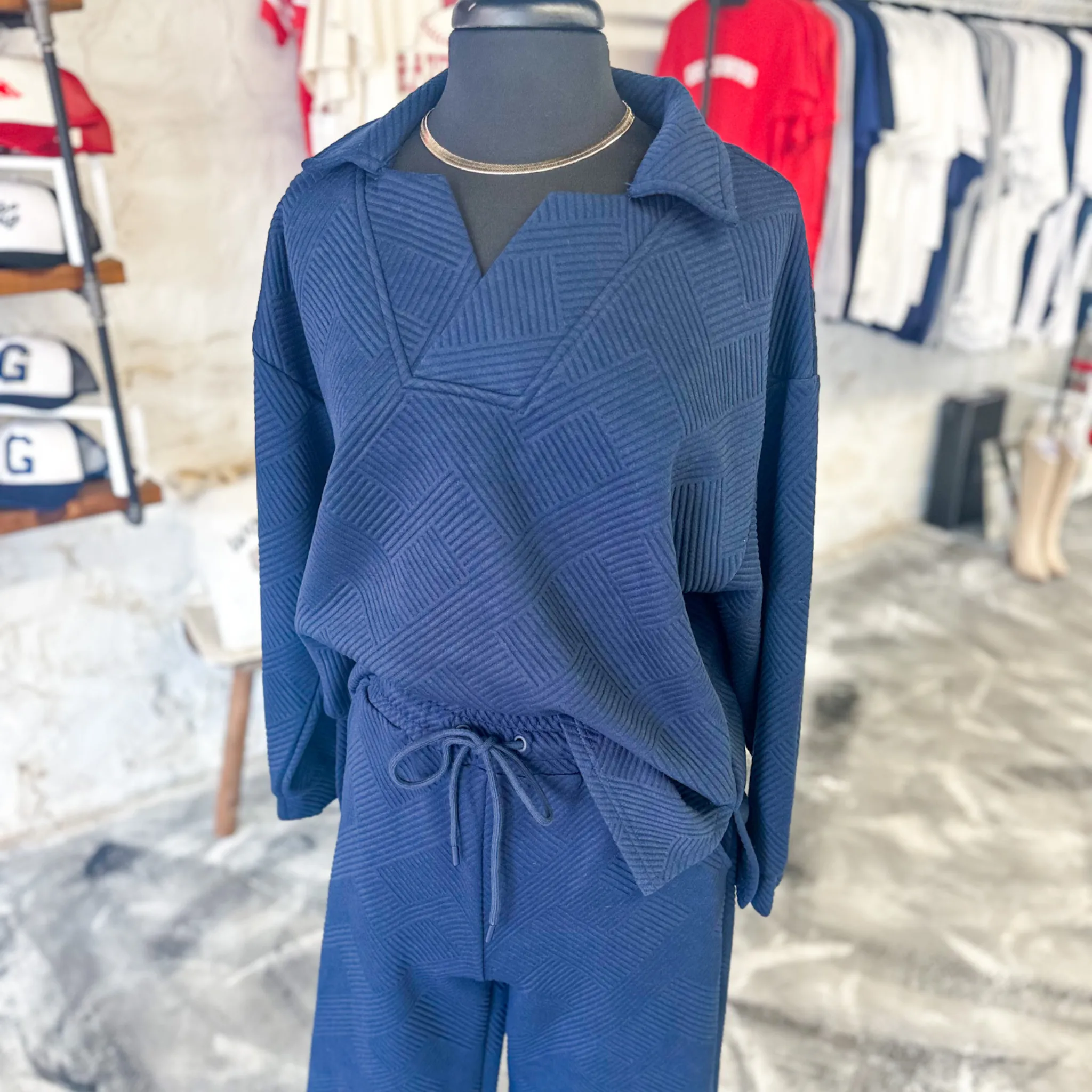 Navy Textured Pants, Matching Set for Women