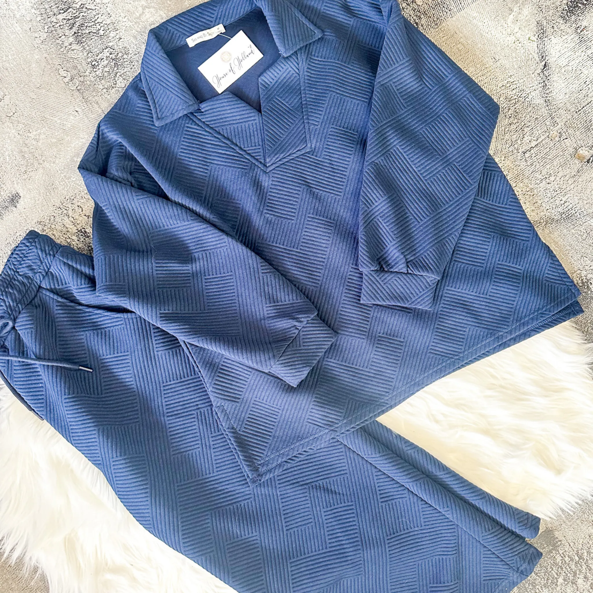 Navy Textured Pants, Matching Set for Women