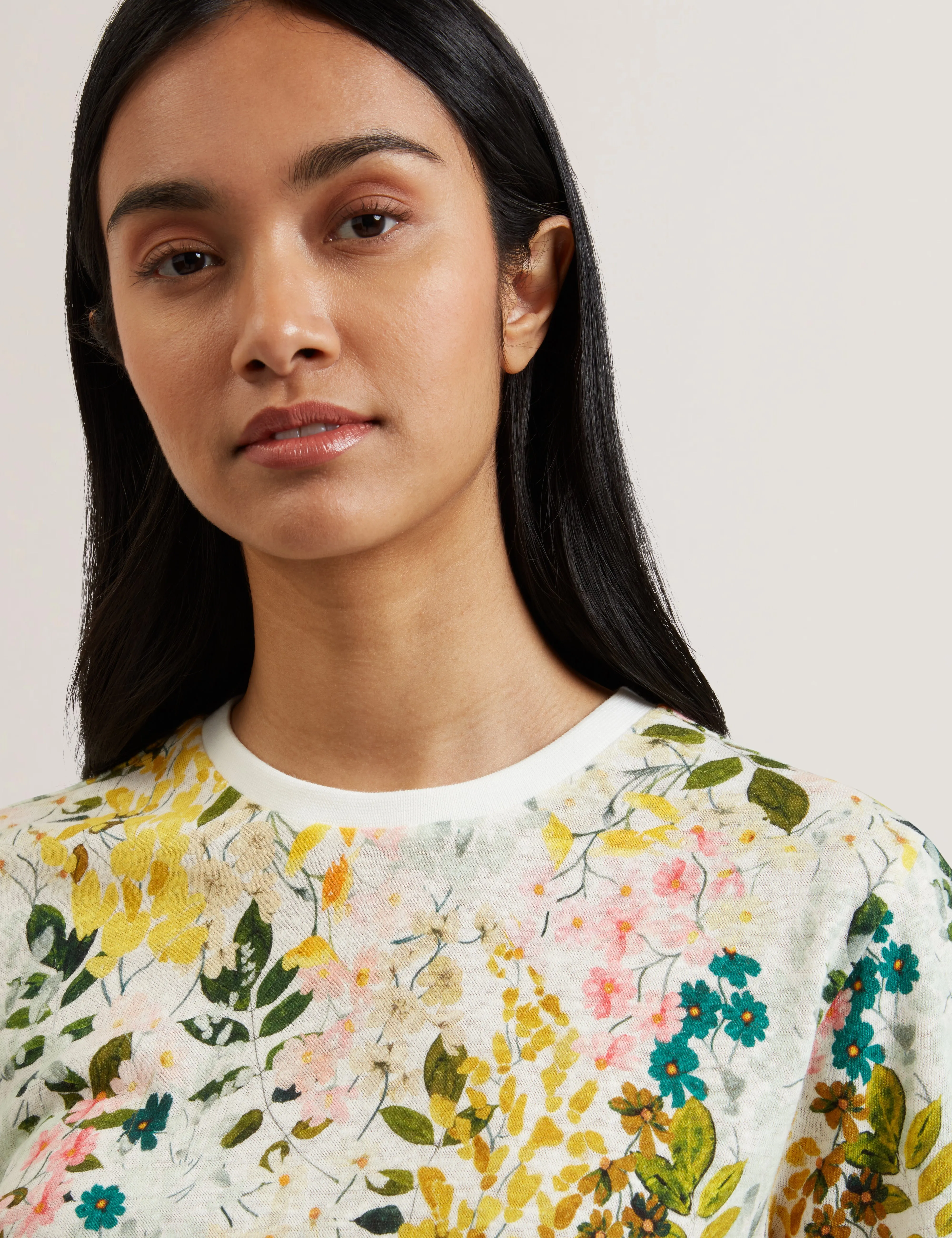 Nellya Linen Blend Printed Boxy Tee Ivory