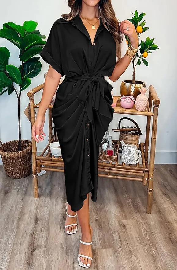 NEW Stunning BTFBM Women's Long Sleeve Lapel V Neck Button Down Black Dress Belted Elegant Ruched Spring Summer Maxi Shirt Dress - Size L - Retails $59 