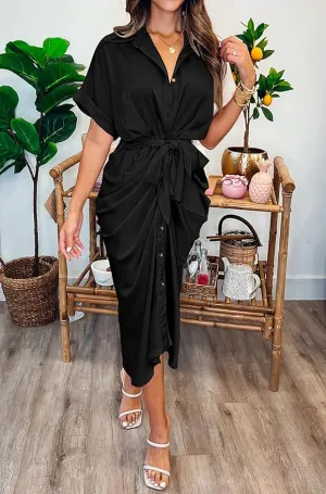 NEW Stunning BTFBM Women's Long Sleeve Lapel V Neck Button Down Black Dress Belted Elegant Ruched Spring Summer Maxi Shirt Dress - Size L - Retails $59 