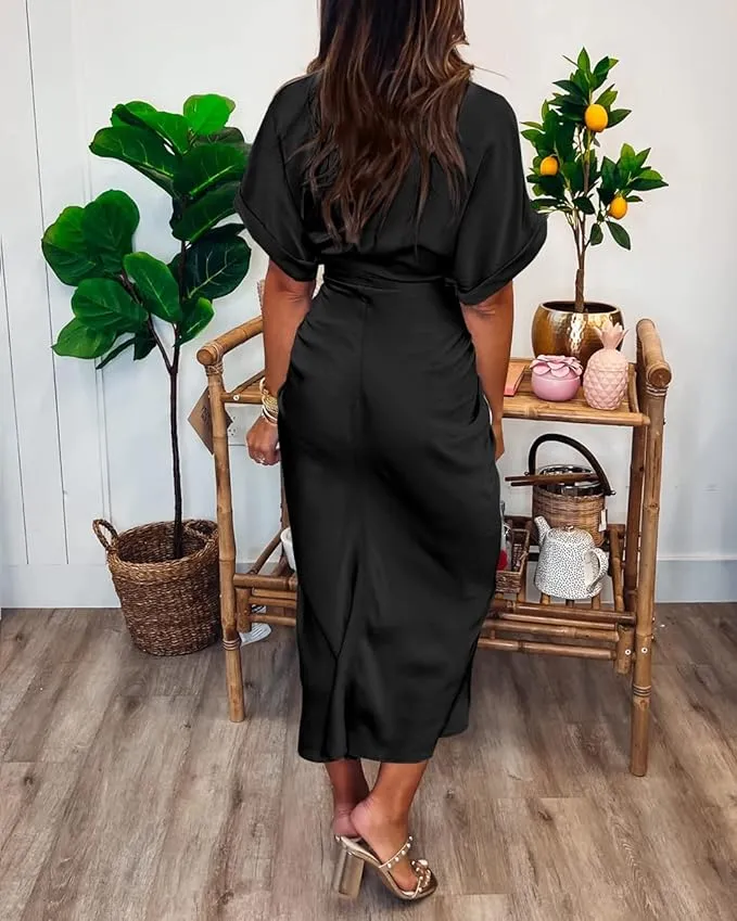 NEW Stunning BTFBM Women's Long Sleeve Lapel V Neck Button Down Black Dress Belted Elegant Ruched Spring Summer Maxi Shirt Dress - Size L - Retails $59 