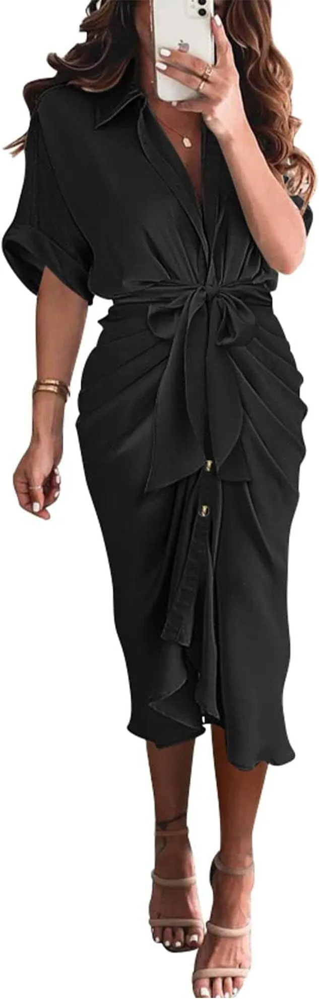 NEW Stunning BTFBM Women's Long Sleeve Lapel V Neck Button Down Black Dress Belted Elegant Ruched Spring Summer Maxi Shirt Dress - Size L - Retails $59 