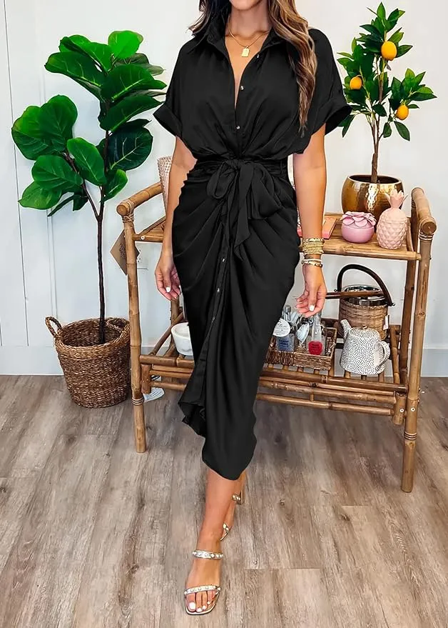 NEW Stunning BTFBM Women's Long Sleeve Lapel V Neck Button Down Black Dress Belted Elegant Ruched Spring Summer Maxi Shirt Dress - Size L - Retails $59 