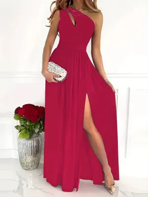 NEW Womens Sexy Sleeveless Hollow Out One Shoulder Pleated High Split Party Evening Long Formal Dress Classy Maxi Dresses, Red, Sz S