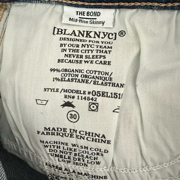 NWT Blank NYC Blue Mid-Rise Skinny Organic Cotton Raw Hem Denim Jeans Size 30