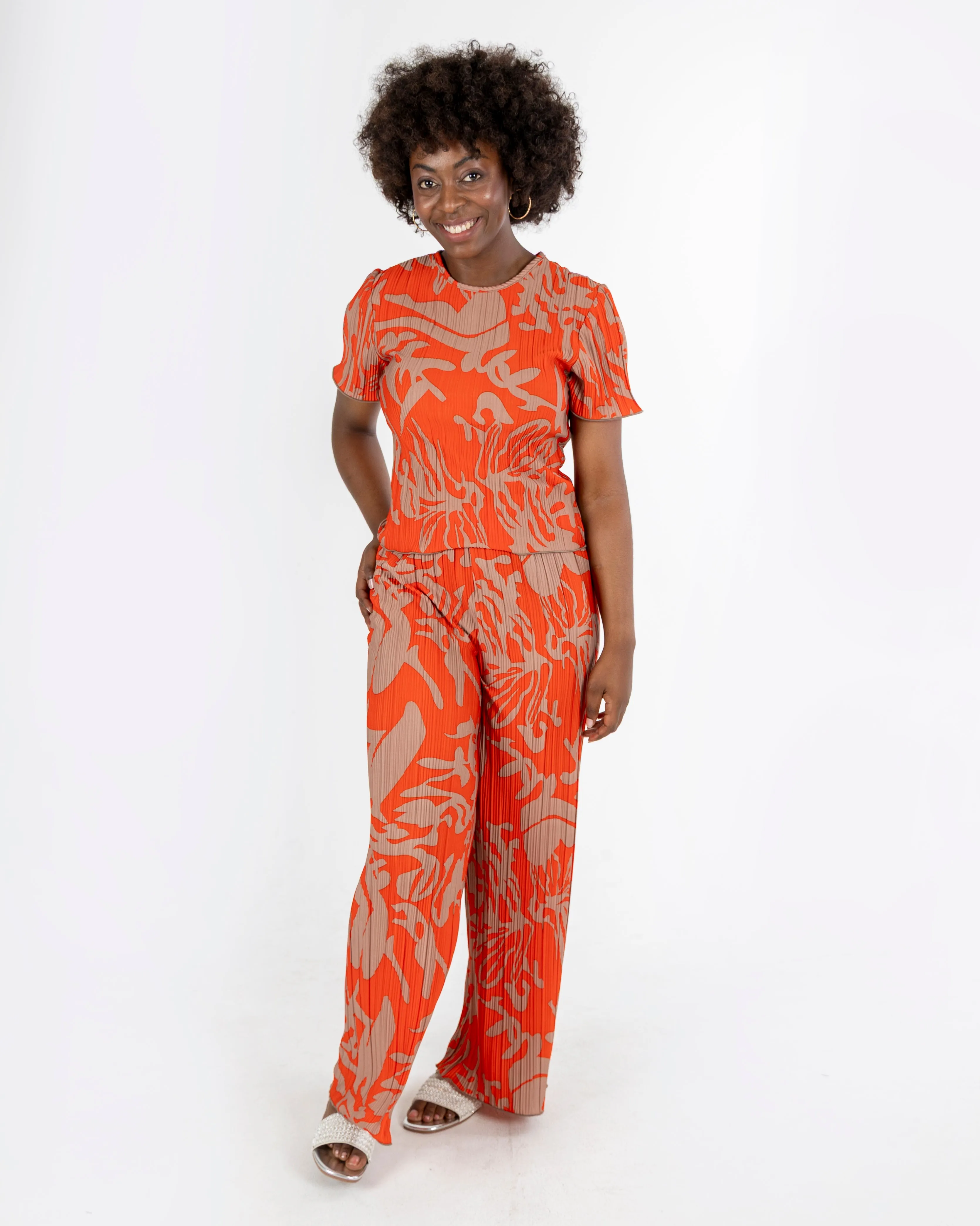 Orange Print Plisse Pants