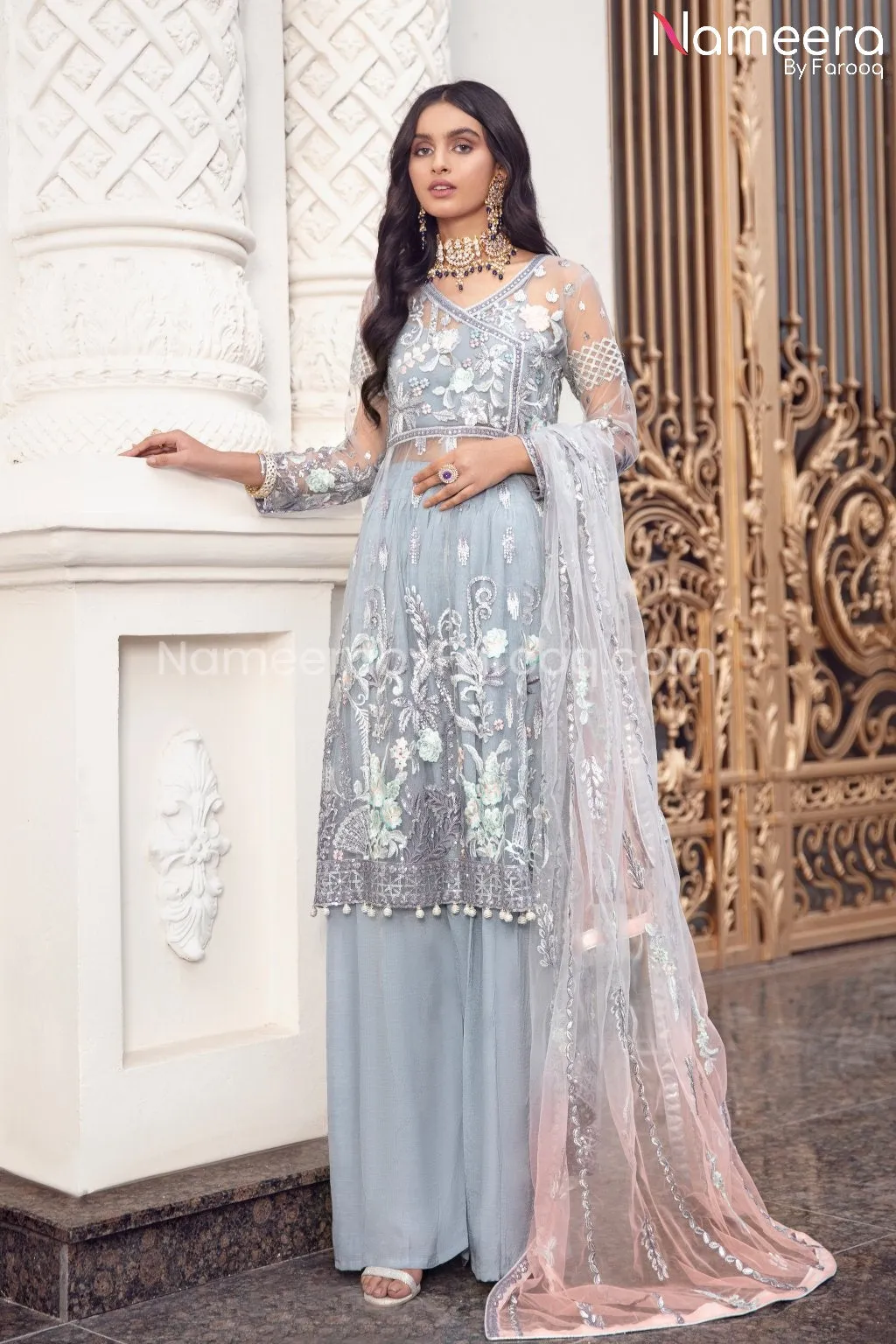 Pakistani Grey Floral Maxi Dress for Party 2021 #BP188