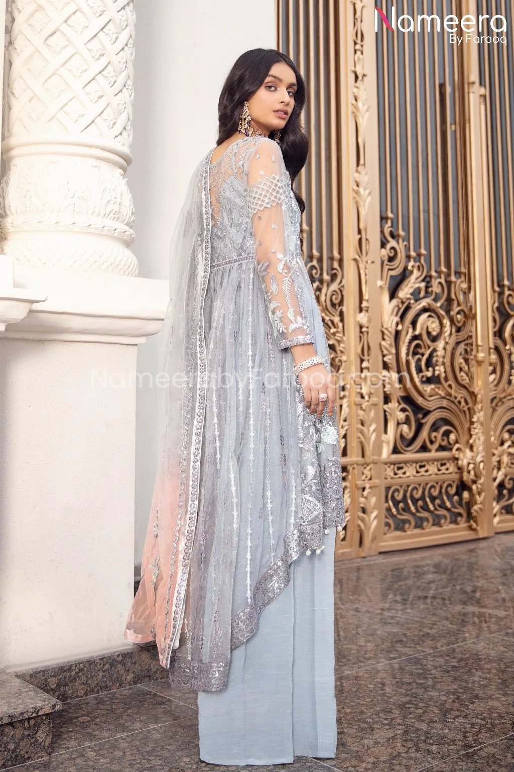 Pakistani Grey Floral Maxi Dress for Party 2021 #BP188