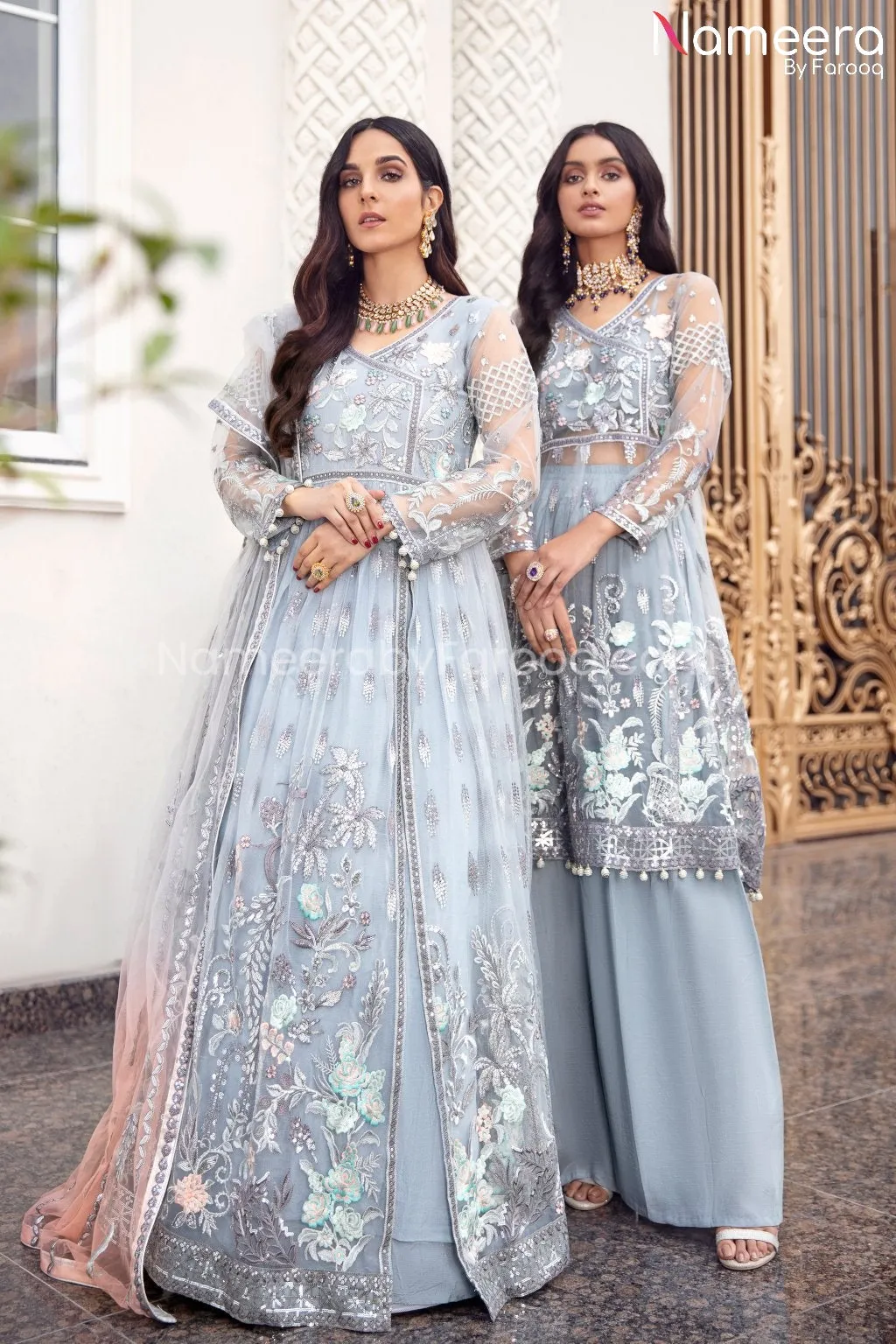 Pakistani Grey Floral Maxi Dress for Party 2021 #BP188