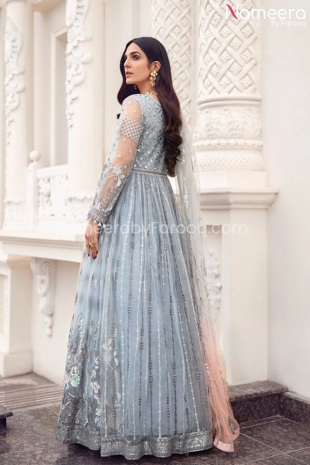 Pakistani Grey Floral Maxi Dress for Party 2021 #BP188