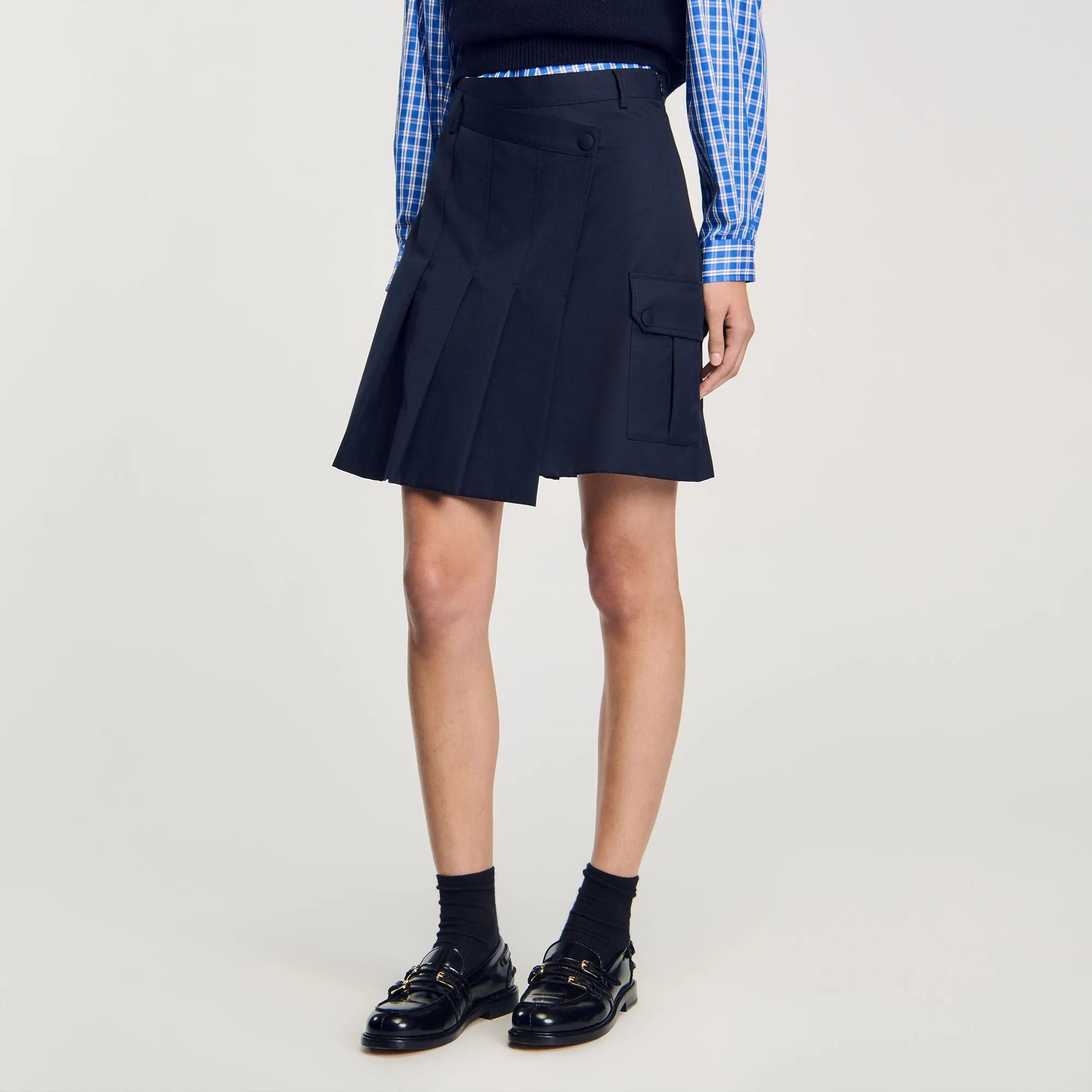 Pavela Short Asymmetrical Pleated Skirt Navy Blue