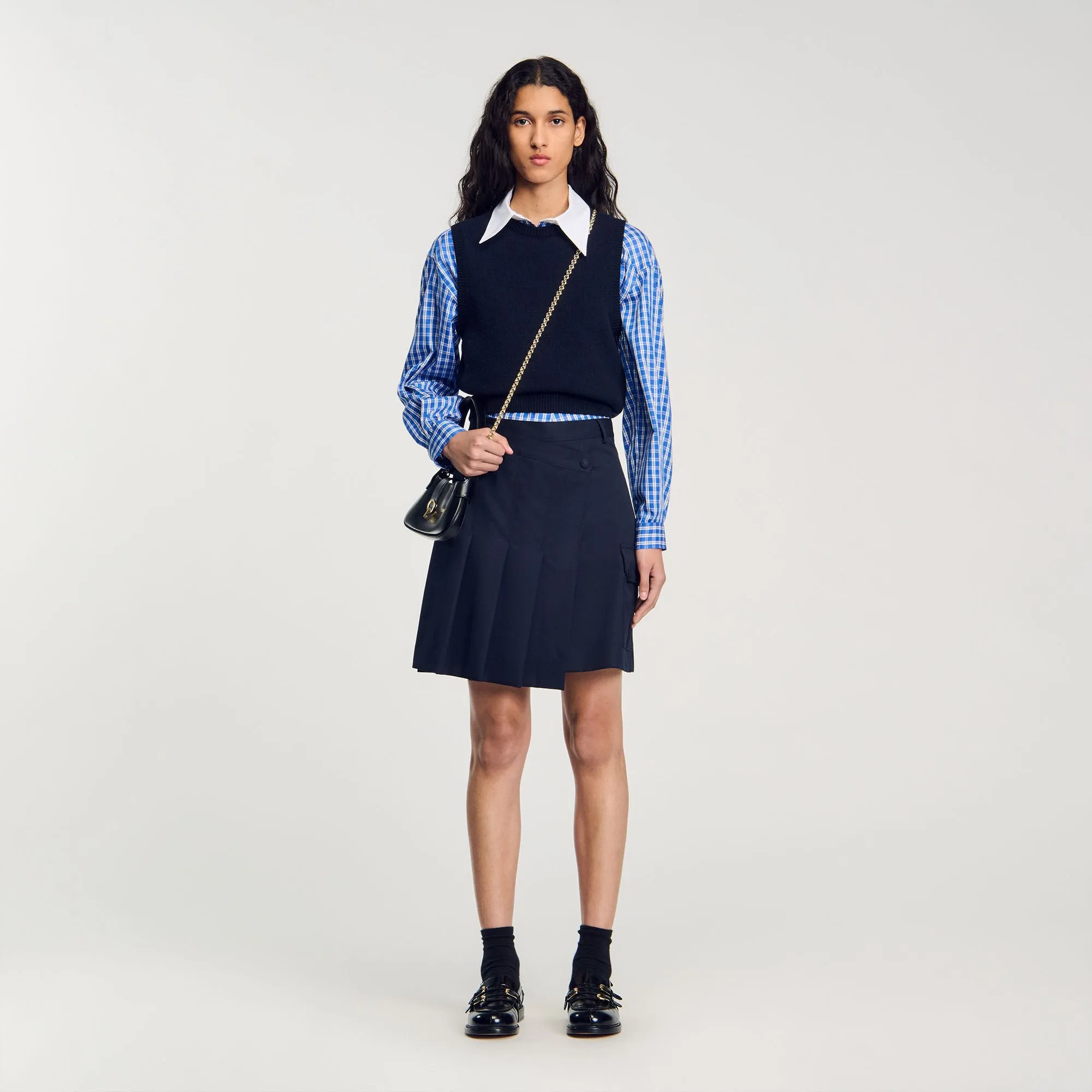 Pavela Short Asymmetrical Pleated Skirt Navy Blue