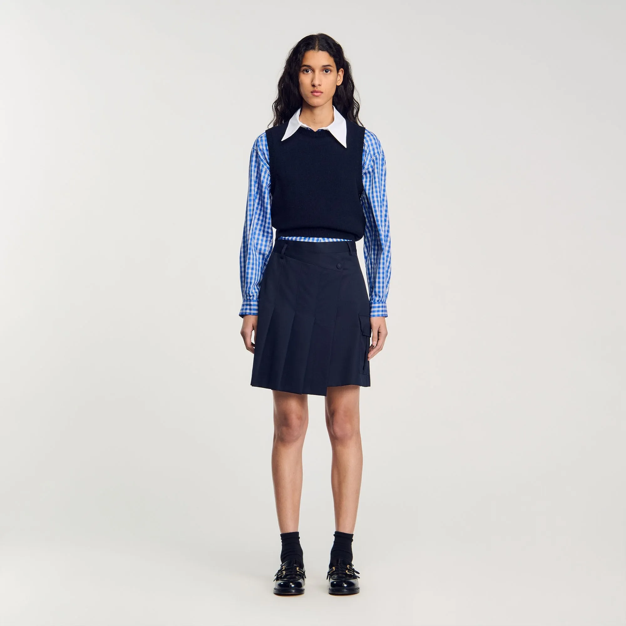 Pavela Short Asymmetrical Pleated Skirt Navy Blue