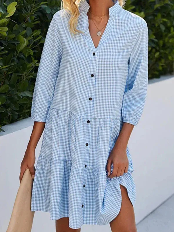 Pia - Casual A-line shirt dress with button closure, plaid pattern and high neckline