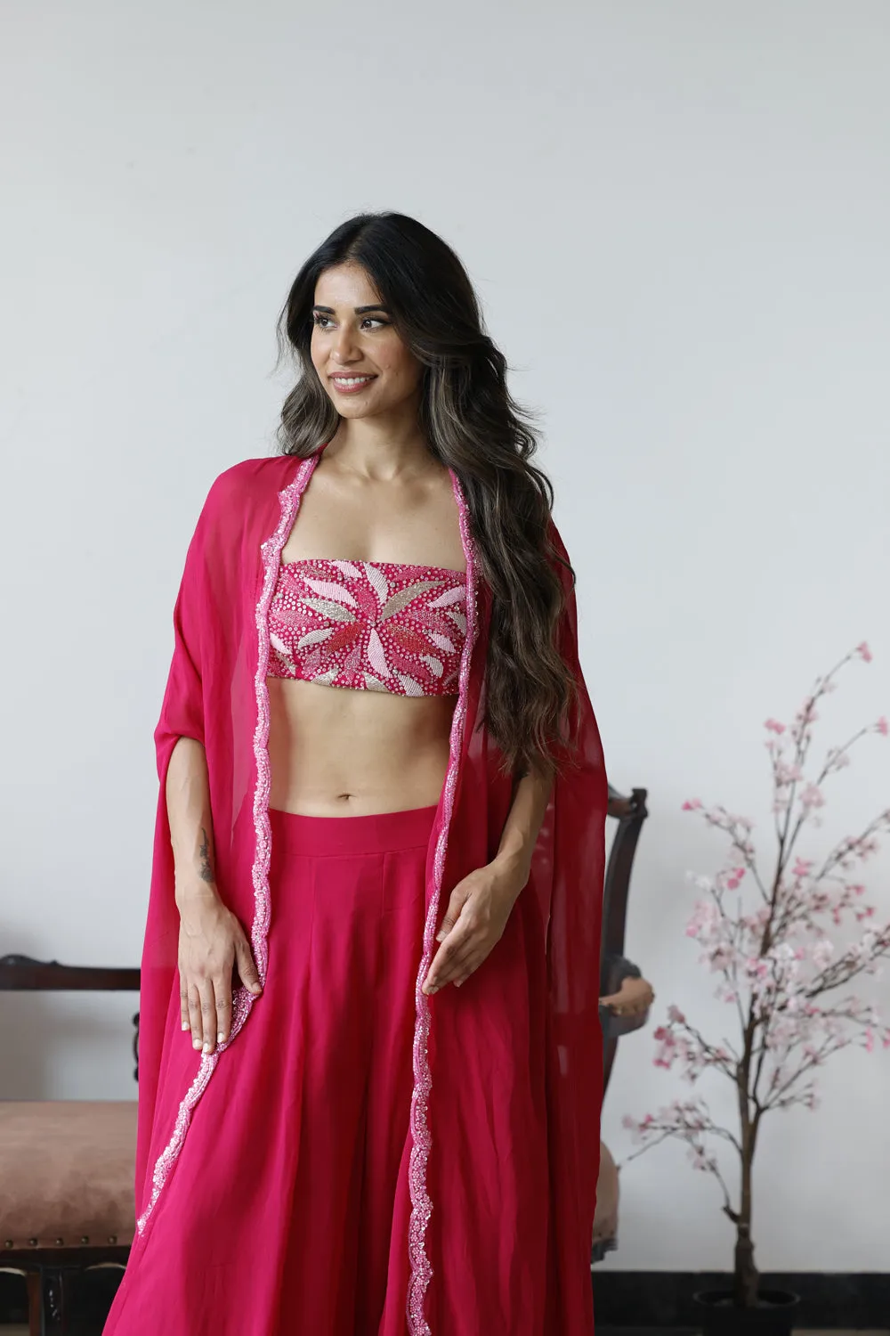 Pink Bandeau Top With Cape And Psants