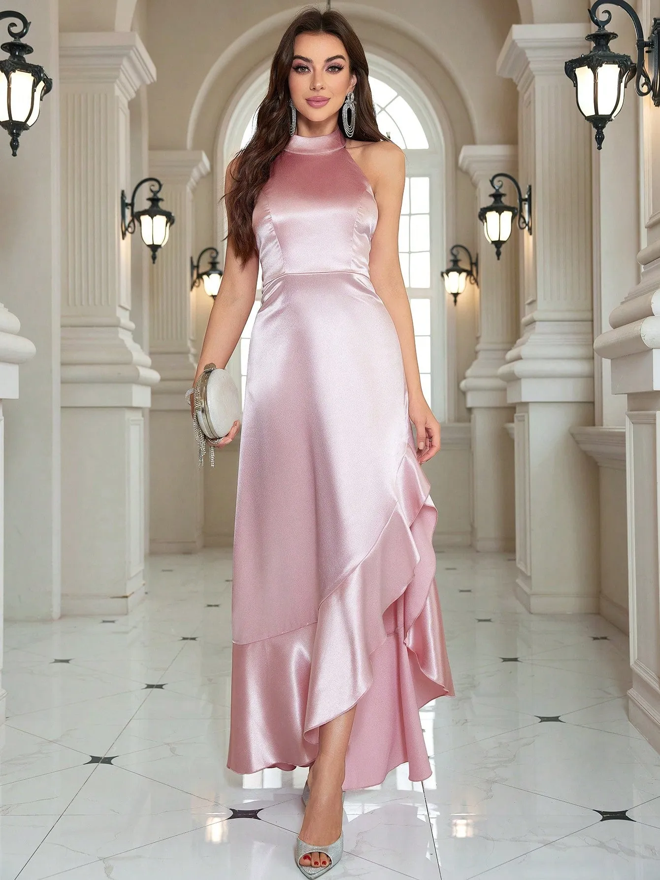 Pink Ruffle Halter Neck Sleeveless Evening Ball Gown/Party Dress (Heavy Edition)