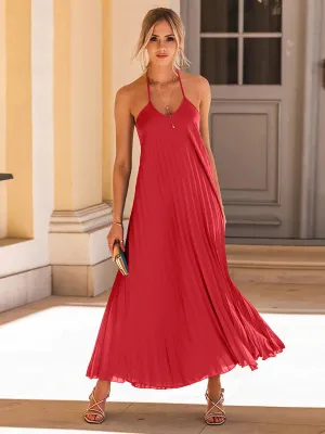 Pleated Maxi Dress with Halter Neck and Solid Print