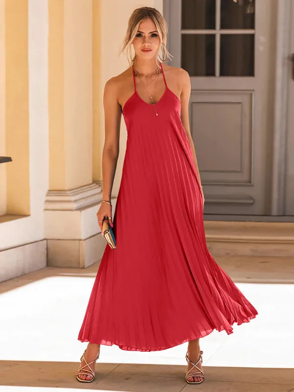 Pleated Maxi Dress with Halter Neck and Solid Print
